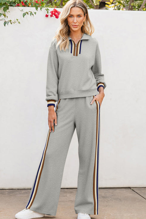 Striped Quarter Zip Contrast Trim Wide Leg Pant Set