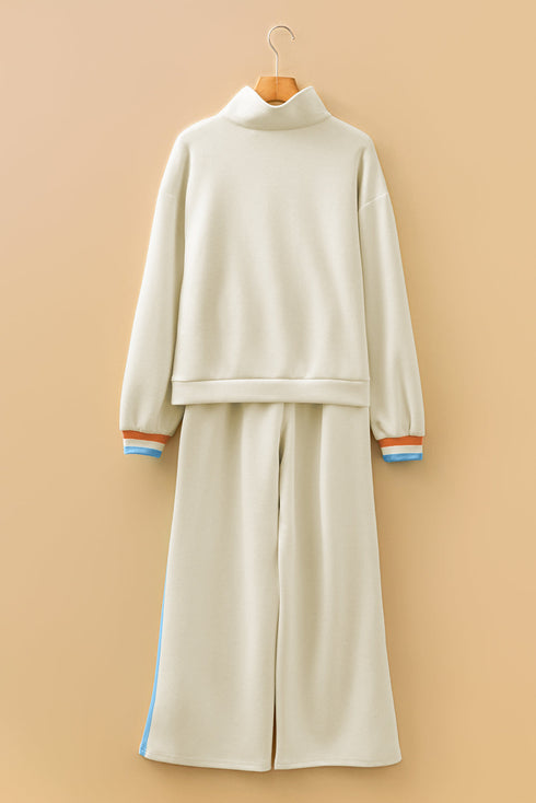 Striped Quarter Zip Contrast Trim Wide Leg Pant Set