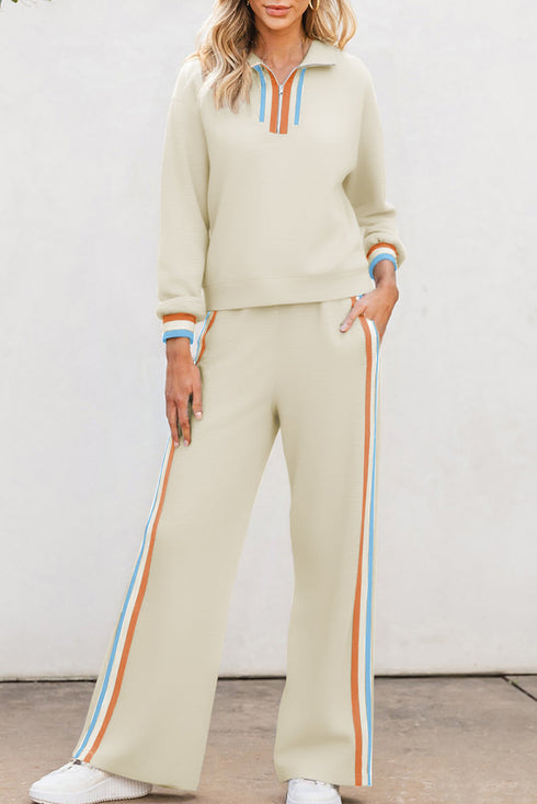 Striped Quarter Zip Contrast Trim Wide Leg Pant Set