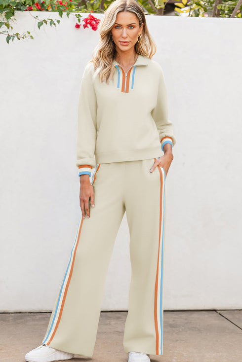 Striped Quarter Zip Contrast Trim Wide Leg Pant Set