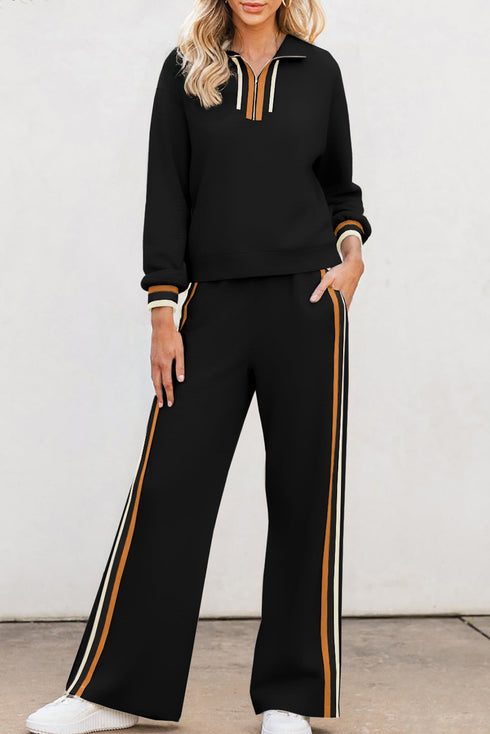 Striped Quarter Zip Contrast Trim Wide Leg Pant Set