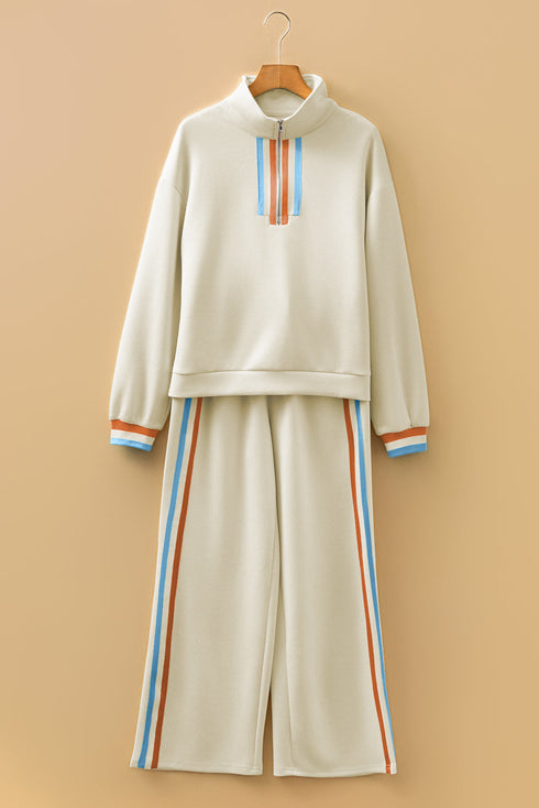 Striped Quarter Zip Contrast Trim Wide Leg Pant Set