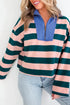Striped Quarter Zip Metal Detail Cover Stitch Long Sleeve Top