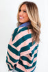 Striped Quarter Zip Metal Detail Cover Stitch Long Sleeve Top