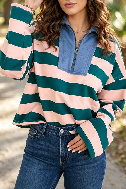 Striped Quarter Zip Metal Detail Cover Stitch Long Sleeve Top