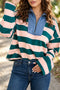 Striped Quarter Zip Metal Detail Cover Stitch Long Sleeve Top