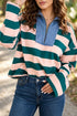 Striped Quarter Zip Metal Detail Cover Stitch Long Sleeve Top