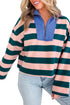 Striped Quarter Zip Metal Detail Cover Stitch Long Sleeve Top