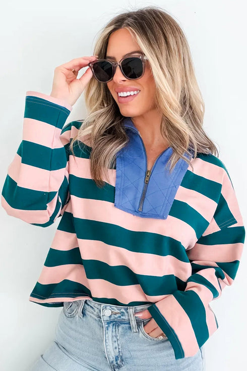 Striped Quarter Zip Metal Detail Cover Stitch Long Sleeve Top
