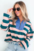 Striped Quarter Zip Metal Detail Cover Stitch Long Sleeve Top