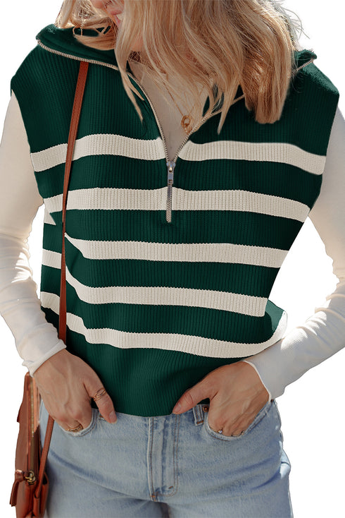 Striped Quarter Zip Ribbed Knit Sweater Vest