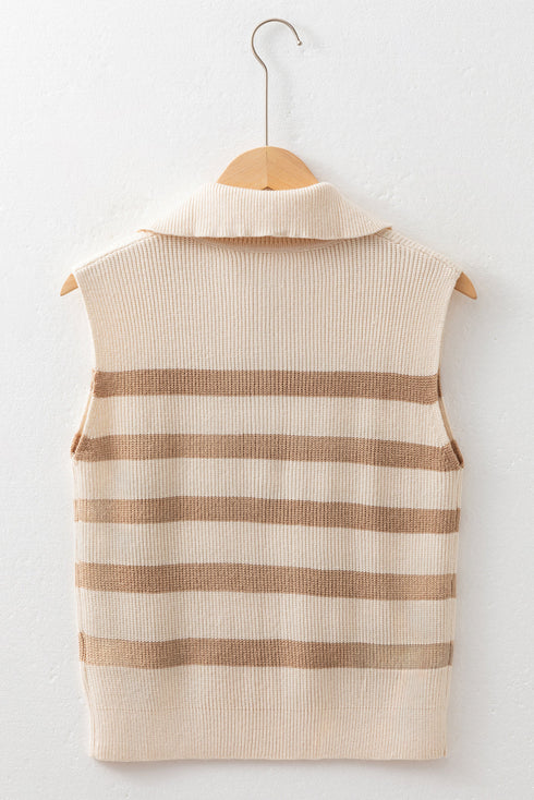 Striped Quarter Zip Ribbed Knit Sweater Vest
