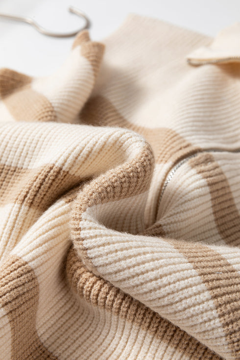 Striped Quarter Zip Ribbed Knit Sweater Vest
