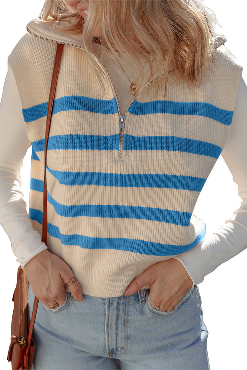 Striped Quarter Zip Ribbed Knit Sweater Vest