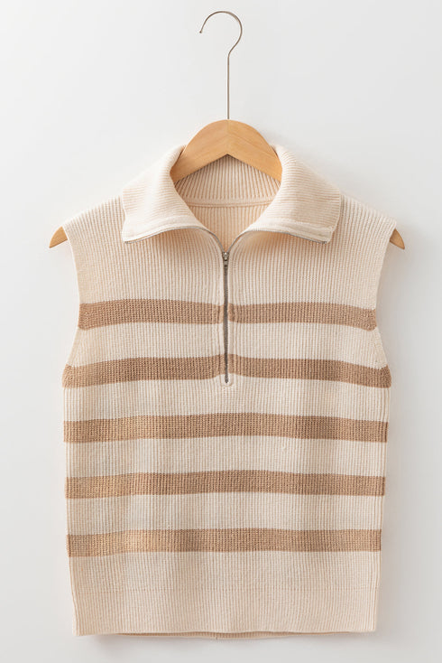 Striped Quarter Zip Ribbed Knit Sweater Vest