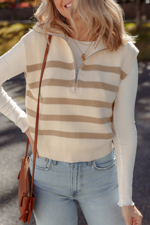 Striped Quarter Zip Ribbed Knit Sweater Vest