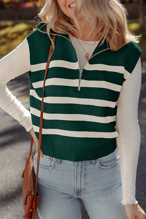 Striped Quarter Zip Ribbed Knit Sweater Vest