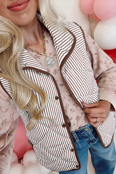 Striped Quilted Snap Front Contrast Trim Collared Vest