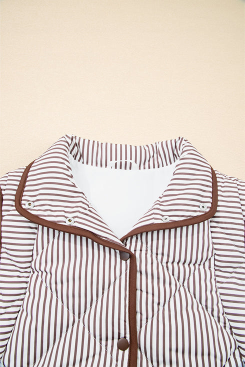 Striped Quilted Snap Front Contrast Trim Collared Vest