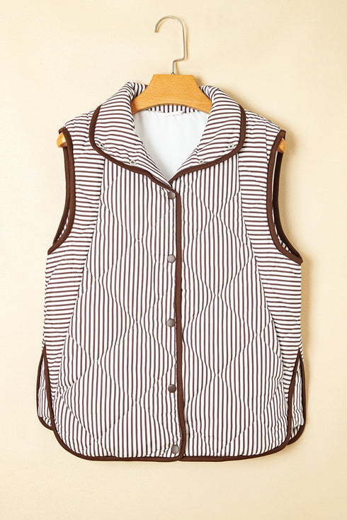 Striped Quilted Snap Front Contrast Trim Collared Vest