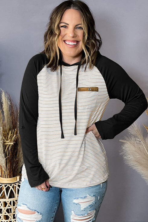 Striped Raglan Sleeve Buttoned Pocket Plus Size Hoodie