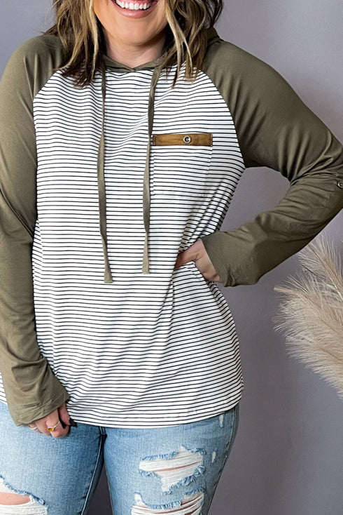 Striped Raglan Sleeve Buttoned Pocket Plus Size Hoodie