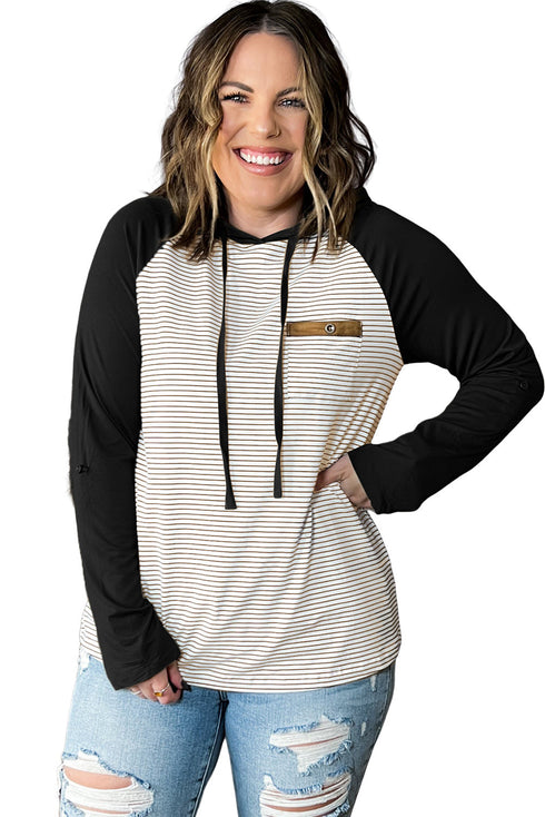 Striped Raglan Sleeve Buttoned Pocket Plus Size Hoodie