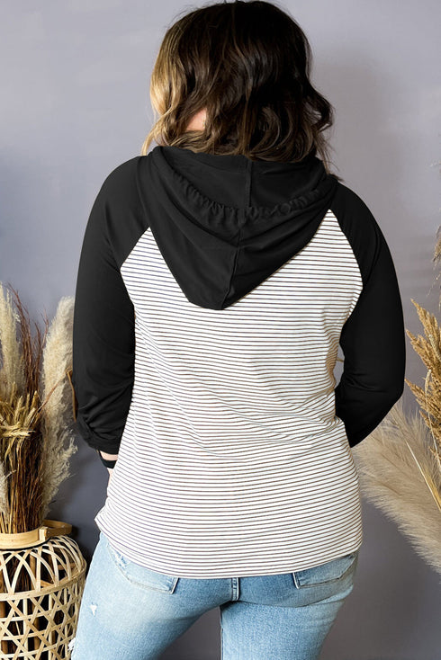 Striped Raglan Sleeve Buttoned Pocket Plus Size Hoodie