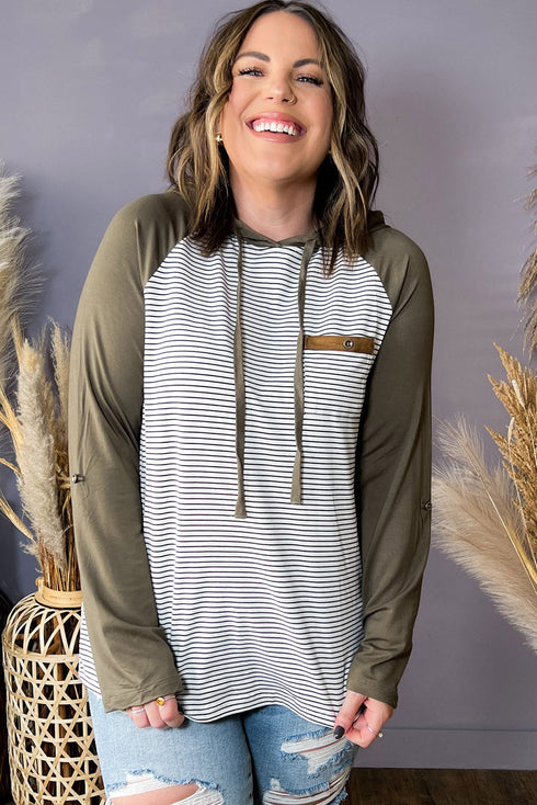 Striped Raglan Sleeve Buttoned Pocket Plus Size Hoodie