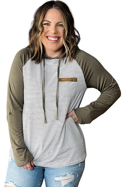 Striped Raglan Sleeve Buttoned Pocket Plus Size Hoodie
