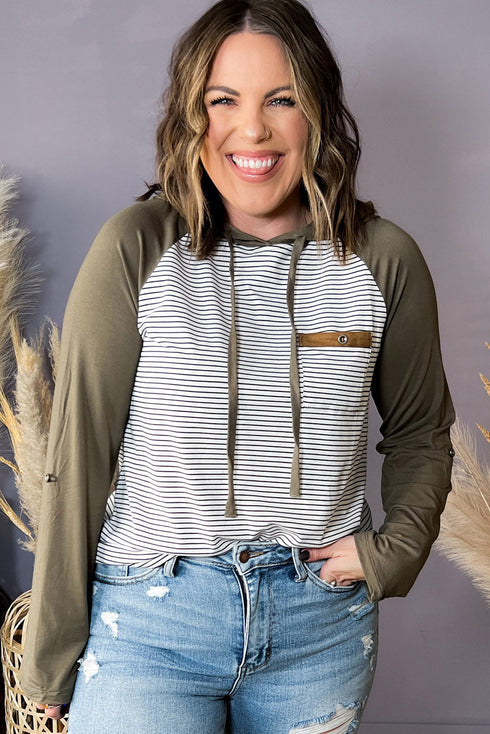 Striped Raglan Sleeve Buttoned Pocket Plus Size Hoodie