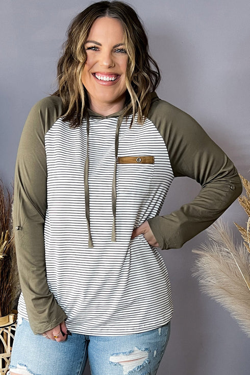 Striped Raglan Sleeve Buttoned Pocket Plus Size Hoodie