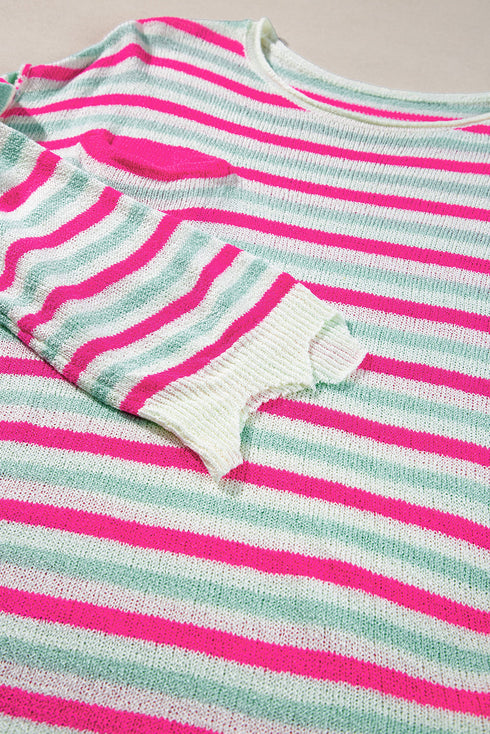 Striped Raw Edge Drop Shoulder Knit Pullover Sweater