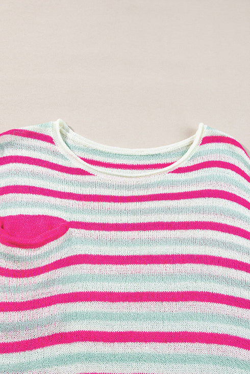 Striped Raw Edge Drop Shoulder Knit Pullover Sweater