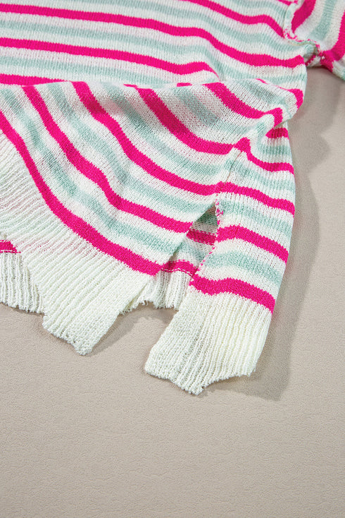 Striped Raw Edge Drop Shoulder Knit Pullover Sweater