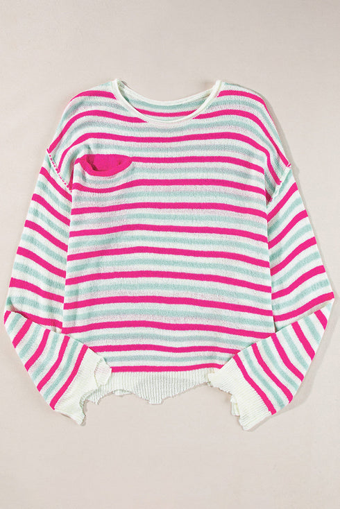 Striped Raw Edge Drop Shoulder Knit Pullover Sweater