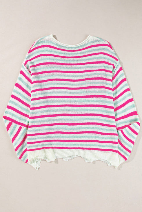 Striped Raw Edge Drop Shoulder Knit Pullover Sweater