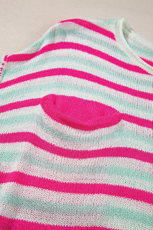Striped Raw Edge Drop Shoulder Knit Pullover Sweater