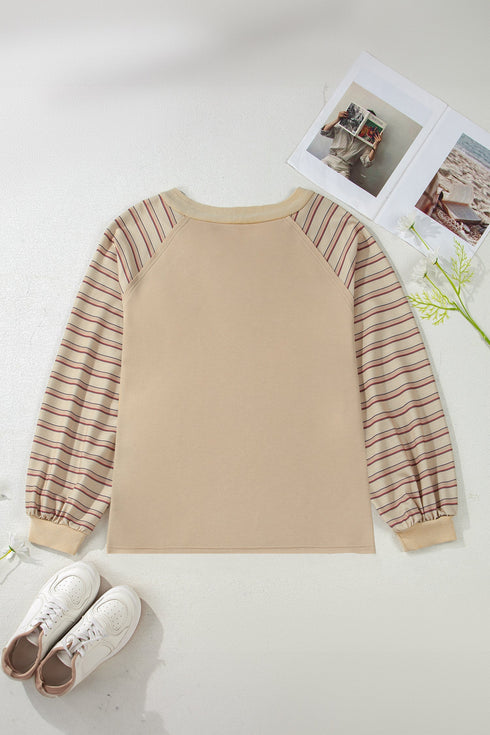 Striped Raw Edge Patchwork Raglan Long Sleeve Top