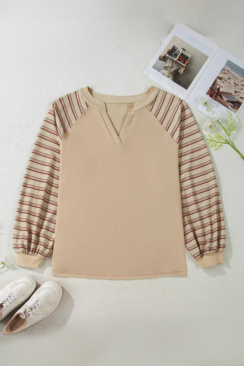 Striped Raw Edge Patchwork Raglan Long Sleeve Top