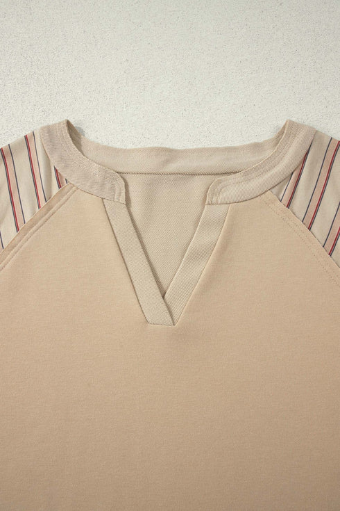 Striped Raw Edge Patchwork Raglan Long Sleeve Top