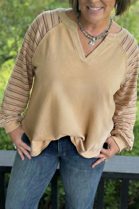 Striped Raw Edge Patchwork Raglan Long Sleeve Top