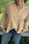Striped Raw Edge Patchwork Raglan Long Sleeve Top