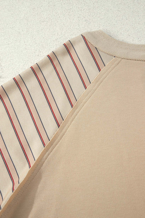 Striped Raw Edge Patchwork Raglan Long Sleeve Top