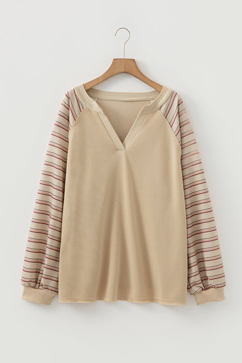 Striped Raw Edge Patchwork Raglan Long Sleeve Top