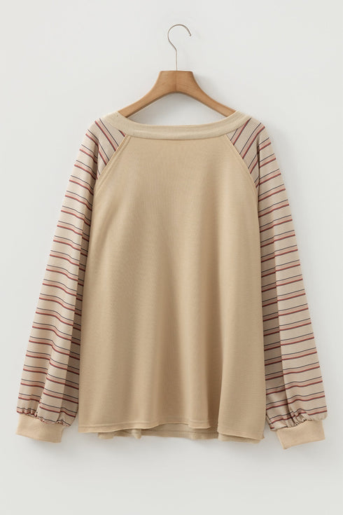 Striped Raw Edge Patchwork Raglan Long Sleeve Top