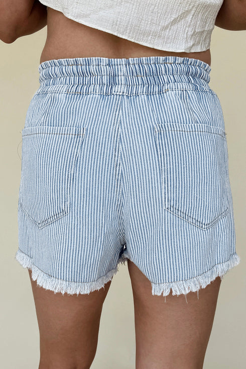 Striped Raw Hem Elastic Waist Drawstring Denim Shorts