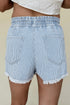 Striped Raw Hem Elastic Waist Drawstring Denim Shorts