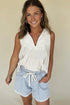 Striped Raw Hem Elastic Waist Drawstring Denim Shorts