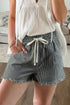 Striped Raw Hem Elastic Waist Drawstring Denim Shorts